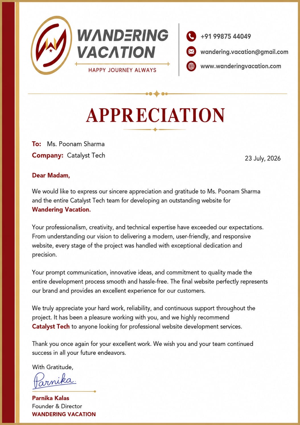 Wandering Vacation Appreciation Letter
